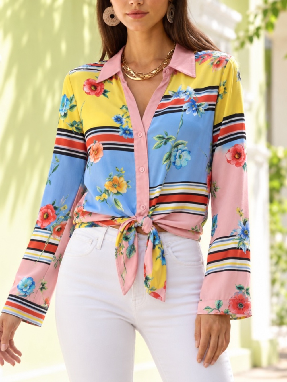 Boston Proper Floral stripe tie front Charm Top